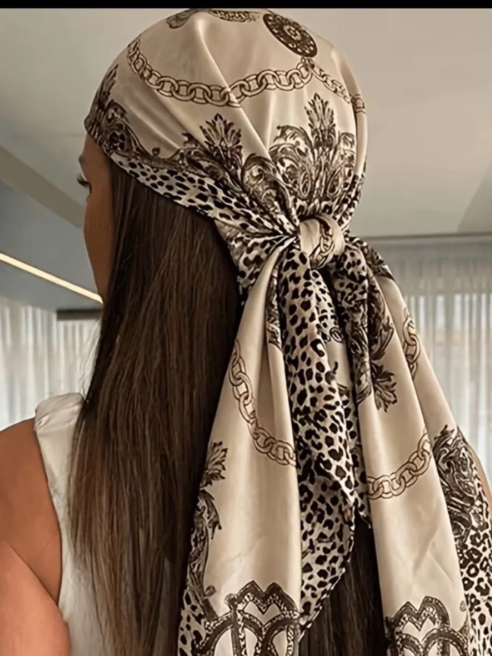 Luxe Leopard Chain Print Scarf 35.4” Square Head Bag Wrap NEW